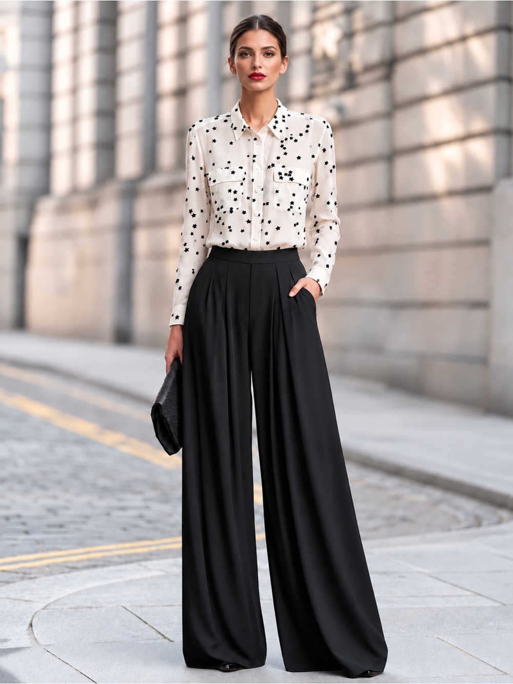 Equipment Ivory Black Star Print Silk Button Down Blouse Long Sleeve Medium